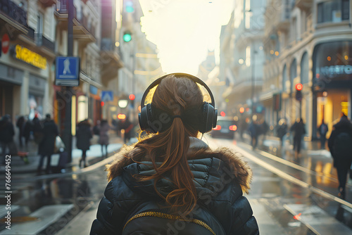 woman walking down a bustling street, headphones in photo