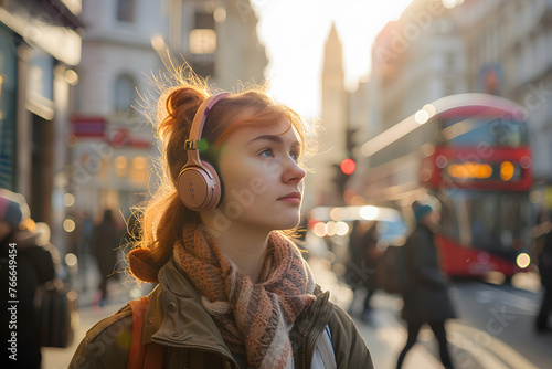 A woman wearing earphones is walking down a street. She appears focused as she moves forward along the sidewalk. 