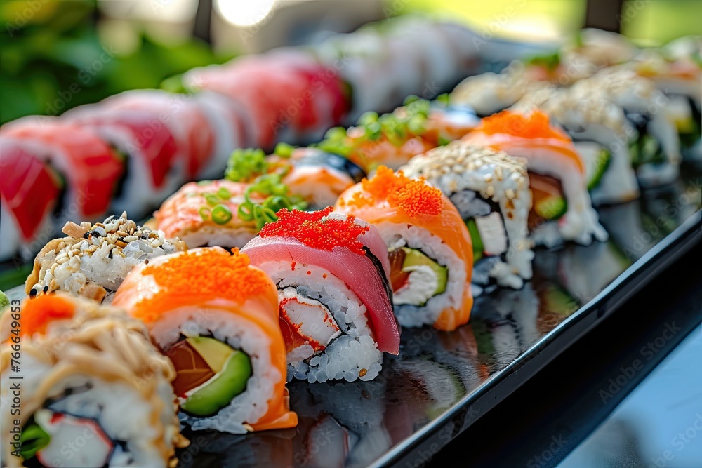 Sushi rolls beautifully presented on a platter, Artfully arranged sushi rolls on a serving platter.