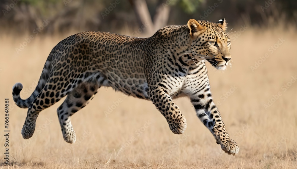 A Leopard With Its Hind Legs Extended Mid Leap