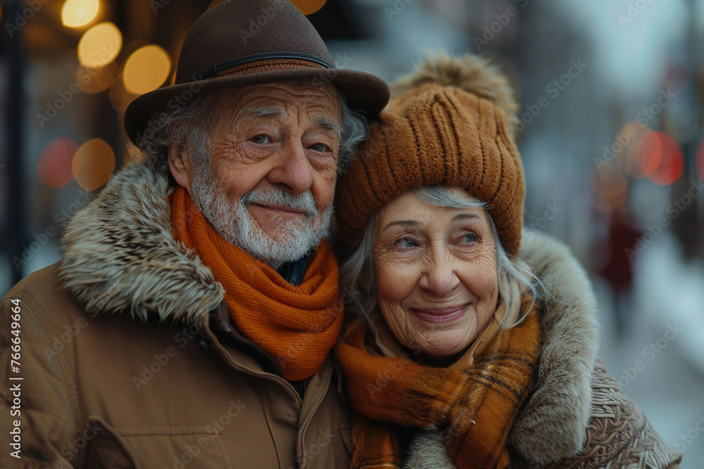 Close up portrait of Senior elderly loving couple very old man and old woman wearing warm coats and hats hugging walking at city streets or park at autumn or winter. Faces covered wrinkles Close up portrait of Senior elderly loving couple very old man and old woman wearing warm coats and hats hugging walking at city streets or park at autumn or winter. Faces covered wrinkles