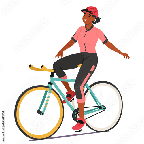 Sportswoman Cyclist Gracefully Rides, Arms Outstretched, Embodying Triumph And Freedom, Vector Illustration