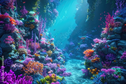 Surreal underwater scene with vibrant marine life in a fantasy style 3D background