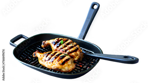 Tasty grilled chicken leg on white background, top view. BBQ food
