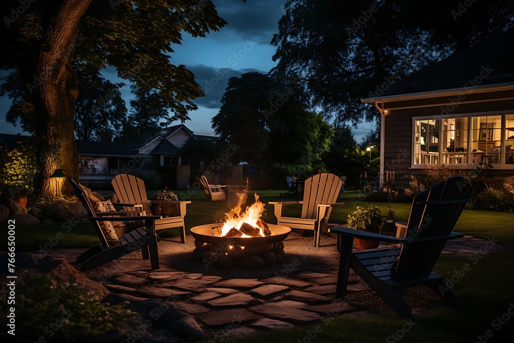 Fototapeta premium Warm summer evening in the backyard of a house with a fire pit