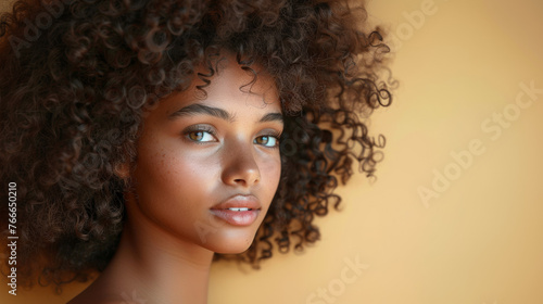 Young curly brunette woman on golden pastel background.