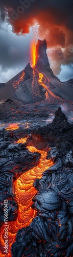 Capture the raw power of a volcanic eruption frozen in time, with vibrant colors contrasting against the stark black rock formations Show the intensity and beauty of natures force in a panoramic view