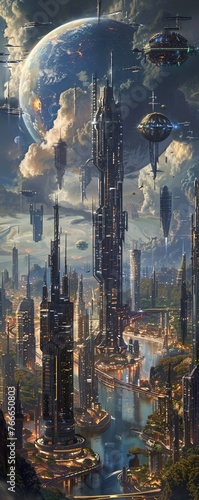 Design a futuristic cityscape suspended in the sky, blending modern architecture with cultural elements Incorporate sleek skyscrapers, bustling sky bridges, and unique landmarks to convey a sense of i