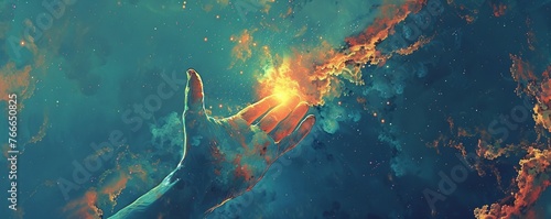 Design a visually compelling illustration of a hand reaching out towards a distant star, blending the boundaries of physical space with the endless pursuit of knowledge and discovery photo