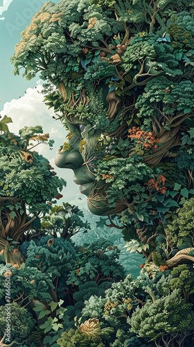 Design a visually striking illustration depicting a world where human-plant hybrids populate lush forests  seamlessly blending in with their natural surroundings to convey a sense of unity and ecologi