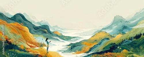 Design an eye-catching illustration depicting a vast, open landscape with a single figure engrossed in a digital device, symbolizing the evolving concept of solitude in a hyper-connected world Blend e photo