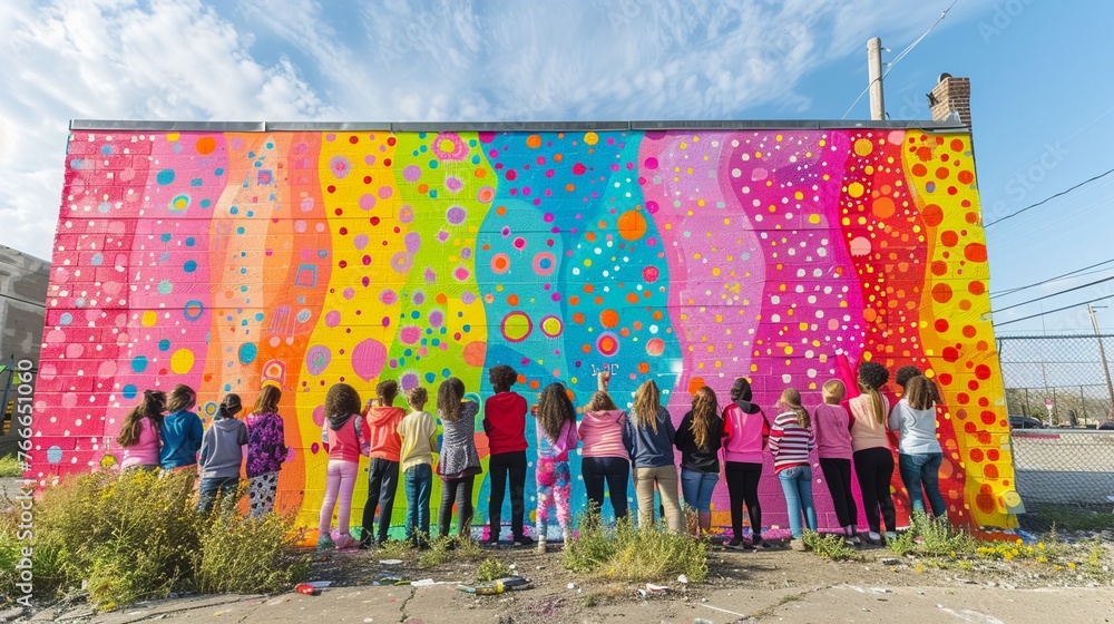 Illustrate the impact of art outreach programs by showcasing a vibrant mural being painted by community members of all ages, as seen from behind Emphasize the sense of unity, self-expression, and crea Illustrate the impact of art outreach programs by showcasing a vibrant mural being painted by community members of all ages, as seen from behind Emphasize the sense of unity, self-expression, and crea