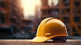 Construction house concept, yellow safety helmet