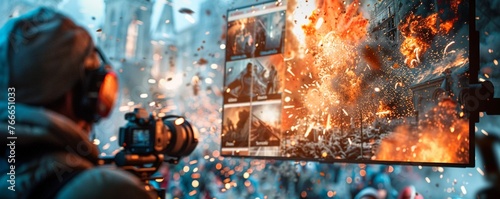 Illustrate the evolution of special effects in movies from a side view perspective Emphasize the magic of practical effects merging into digital wizardry Create a visually striking composition that sp