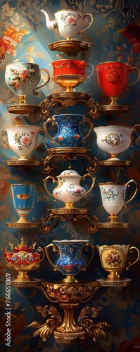 Imagine a creative composition featuring cups inspired by historical epochs such as the Renaissance, Victorian era, and Art Deco period The design should exude elegance and sophistication, with a mode photo