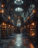 Transform the ordinary into the extraordinary by showcasing a low-angle perspective of a magical library within a wizard academy, filled with ancient tomes and glowing crystals Illuminate the scene wi