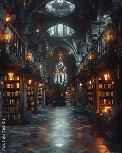 Transform the ordinary into the extraordinary by showcasing a low-angle perspective of a magical library within a wizard academy, filled with ancient tomes and glowing crystals Illuminate the scene wi photo