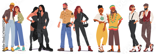 Different Subculture Couples. Hipster, Goth And Dandy, Biker With Rastaman Reggae Male And Female Characters Community