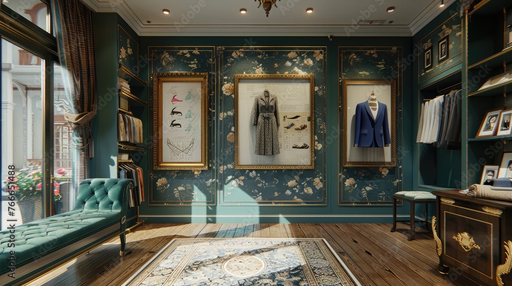 A stylish boutique interior with gold frame mockups exhibiting fashion sketches and designs.