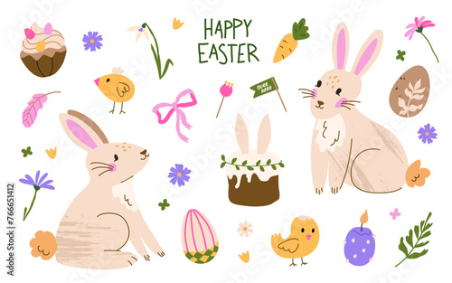 Cute Easter vector set. Happy Easter typography. Spring collection of bunnies, eggs, flowers and decorations. For poster, card, scrapbooking, stickers