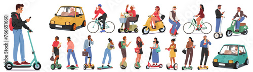 Characters Utilize Electrical Transport For Efficient, Eco-friendly Commuting. Electric Vehicles Reduce Carbon Emissions