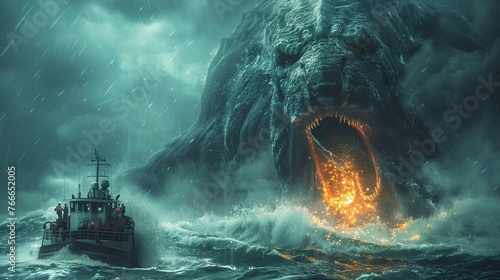 Background of a sea monster that is going to swallow the boat with its big mouth wide open facing the camera-edit photo