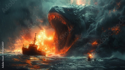 Background of a sea monster that is going to swallow the boat with its big mouth wide open facing the camera-edit