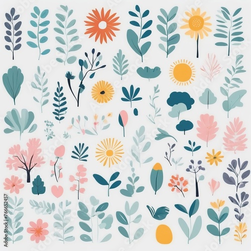 A collection of seamless pattern, colorful abstract plants and flowers. Hand drawn Collection of leaves and flowers. A close up of a pattern of flowers and leaves. 