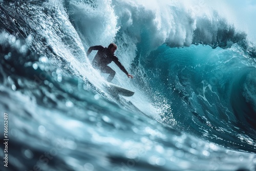 Surfer rides waves with skill and grace, mastering the barrel in the blue ocean © Oleksandr