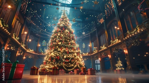 A huge Christmas tree with bright lights and presents photo