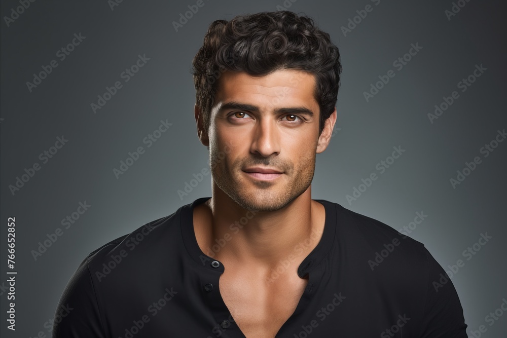 Portrait of handsome young man in black shirt over dark background.
