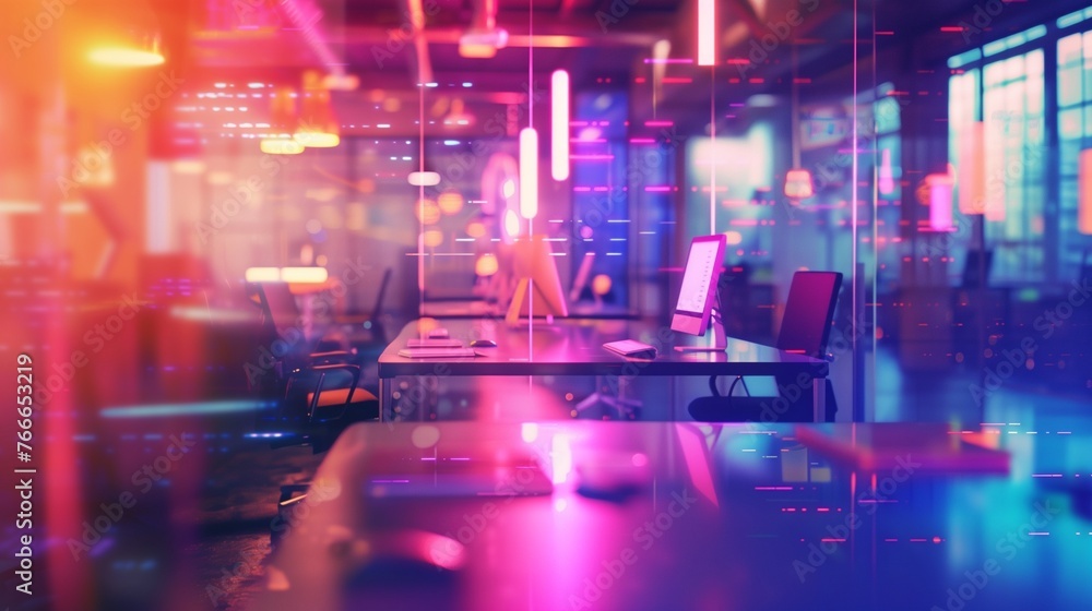 Fototapeta premium Modern neon cyberpunk open space office interior blurred with information technology overlay. Corporate strategy for finance, operations, marketing. Tables with computers for work. Technology