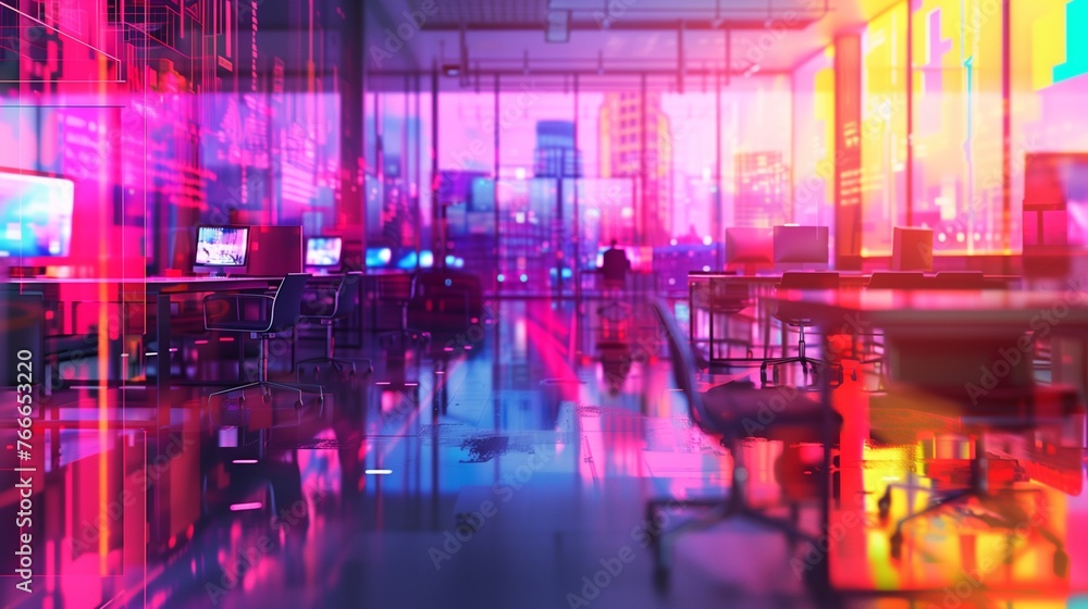 Fototapeta premium Modern neon cyberpunk open space office interior blurred with information technology overlay. Corporate strategy for finance, operations, marketing. Tables with computers for work. Technology
