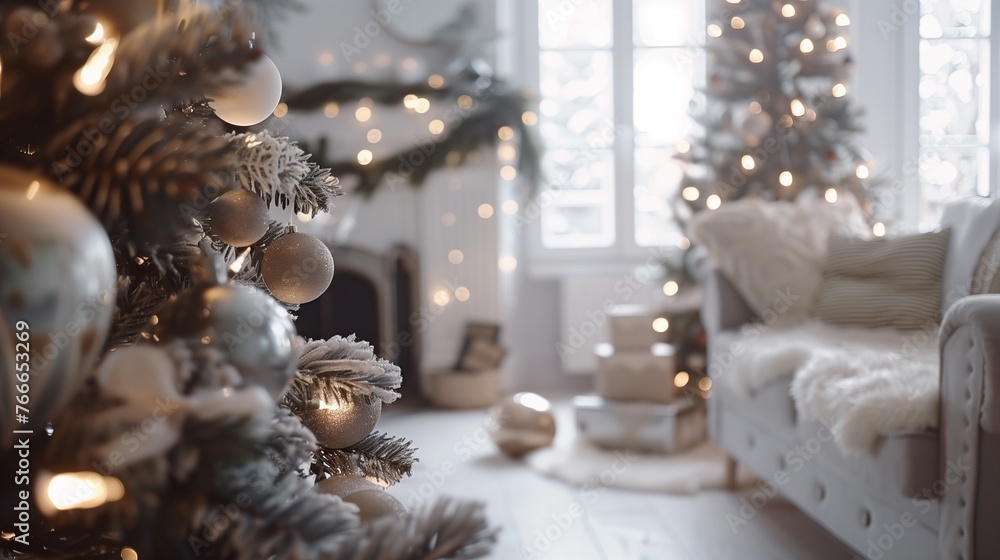 Stylish Christmas scandinavian minimalistic interior with white decor