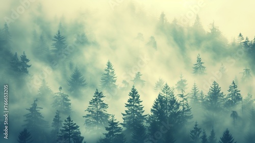 Misty landscape with fir forest in vintage retro style © Ace64 Studio