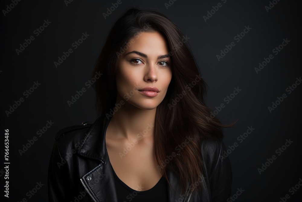 Portrait of a beautiful young woman in black leather jacket on dark background