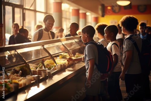 A schoolchild in the school cafeteria. Time of lunch break, peculiarities of the school meal, snack photo
