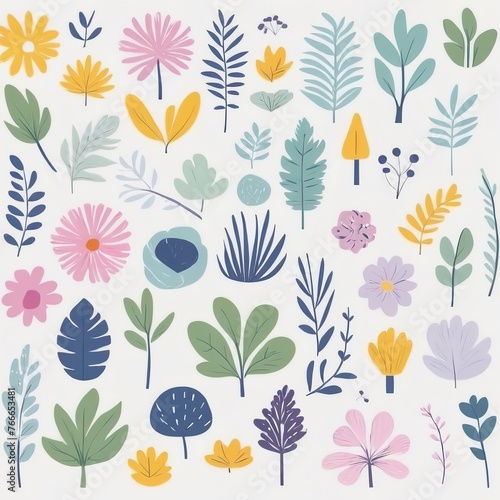 A collection of seamless pattern  colorful abstract plants and flowers. Hand drawn Collection of leaves and flowers. A close up of a pattern of flowers and leaves. 