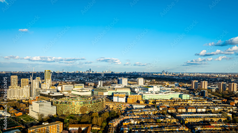 Naklejka premium Aerial view of Shephrads Bush, a busy neighbourhood in western part of London