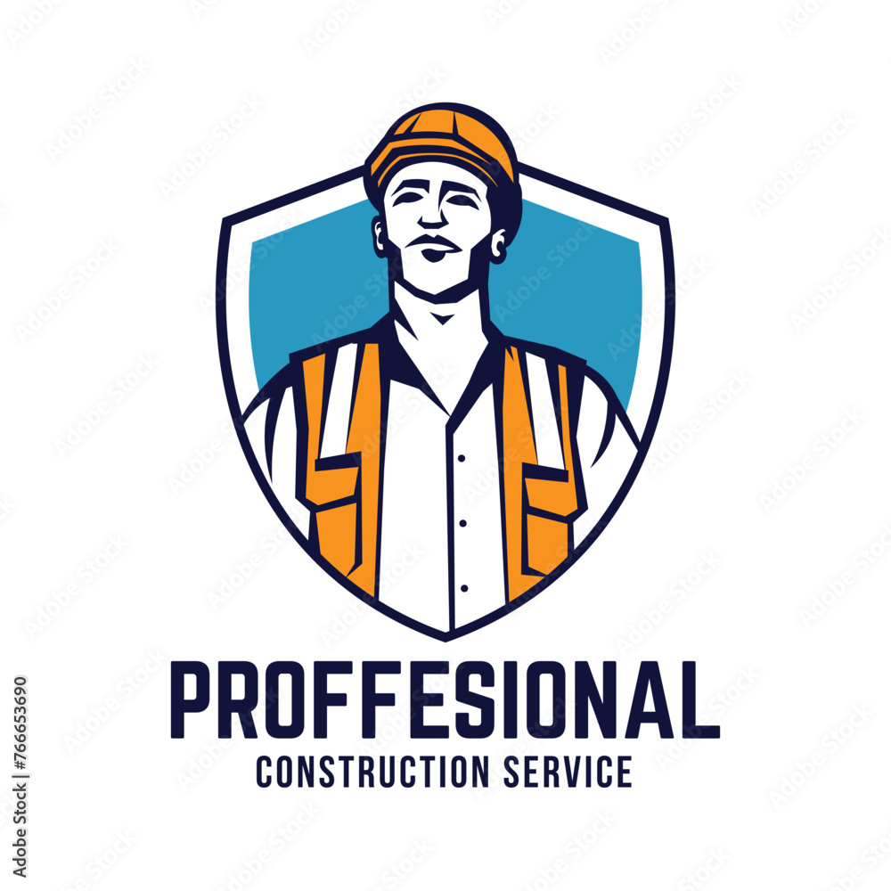 Construction man worker vector illustration logo design in retro style