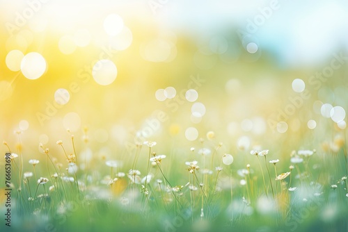 Earth day concept  Abstract blur beautiful soft green bokeh light meadow and blue sky on autumn sunrise background - generative ai