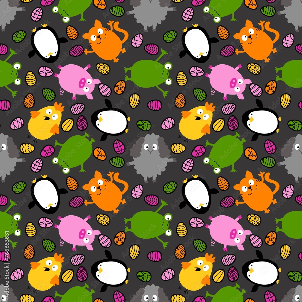 Easter animals and eggs seamless penguin and cats and frogs and chicken and sheep and pig pattern for wrapping Easter animals and eggs seamless penguin and cats and frogs and chicken and sheep and pig pattern for wrapping