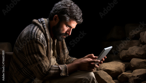 Arab man in traditional attire with tablet, middle eastern male against black background