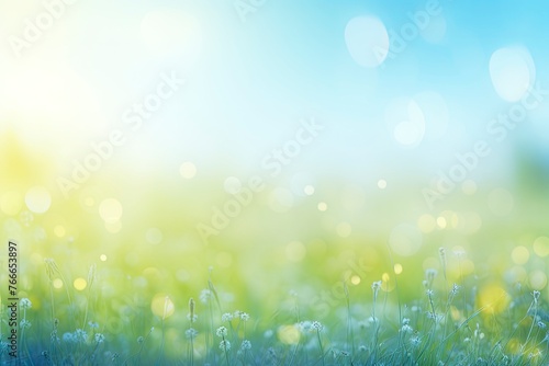Earth day concept: Abstract blur beautiful soft green bokeh light meadow and blue sky on autumn sunrise background - generative ai