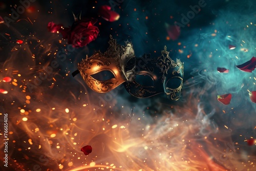 World theater day. Dark still life with theatrical elements. The masks drift through the fiery air, resembling organisms in the vast darkness of space. An eerie blend of science, art, and nebula gas