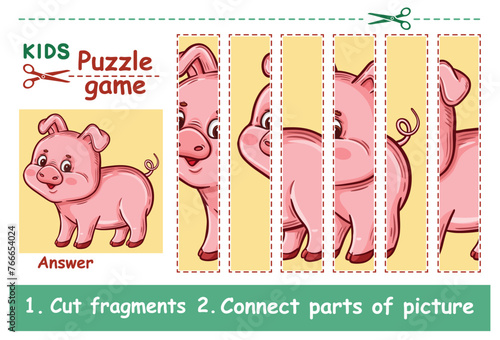 Cute pig, little piggy farm animal, children education puzzle jigsaw game. Cut, connect parts piglet picture. Assemble swine drawing from pieces. Kid preschool logical learning book worksheet. Vector 