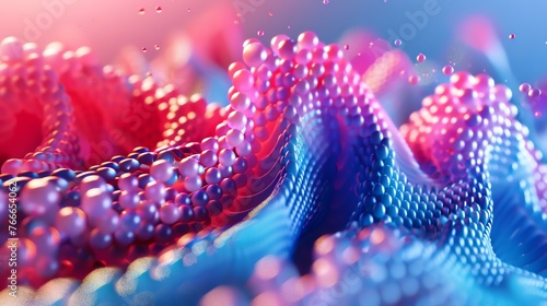3D rendering of a colorful, abstract landscape with a wavy surface. The surface is made up of small, round objects that resemble beads or pearls. © Farm