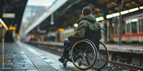 A man in a wheelchair sitting on a train platform. Generative AI. photo