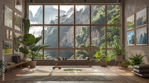 A tranquil yoga studio adorned with a set of frame mockups displaying serene nature scenes.