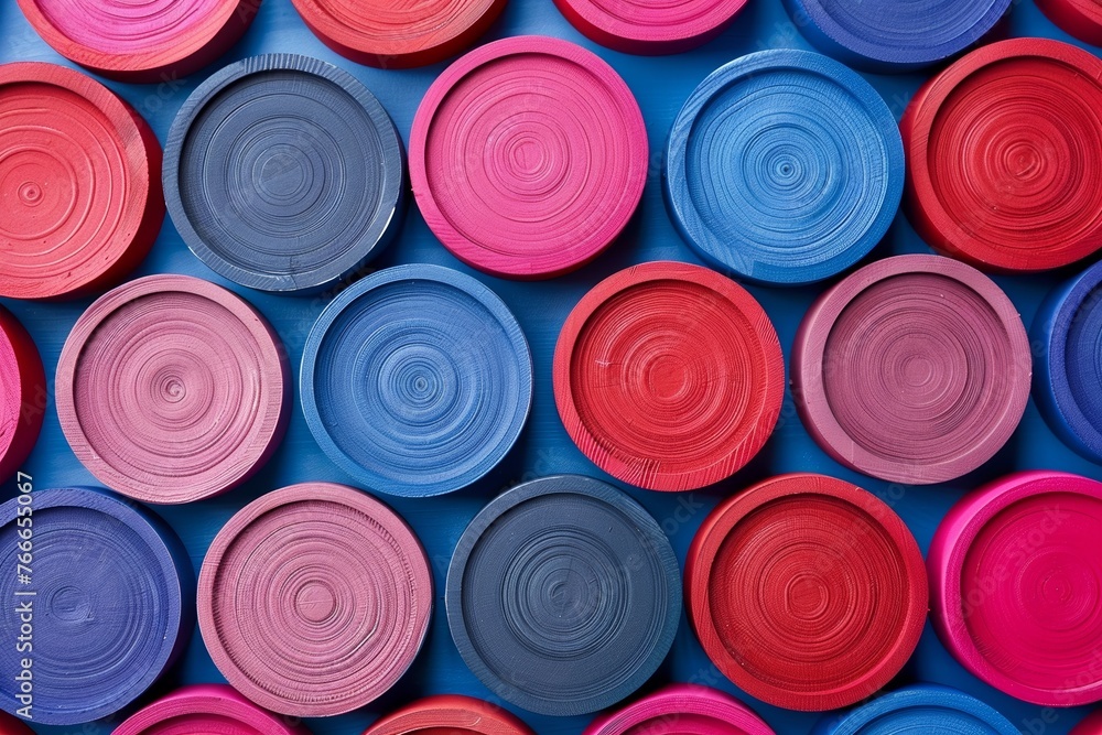Colorful background of many pink and blue round wooden coasters arranged in a pattern Colorful background of many pink and blue round wooden coasters arranged in a pattern